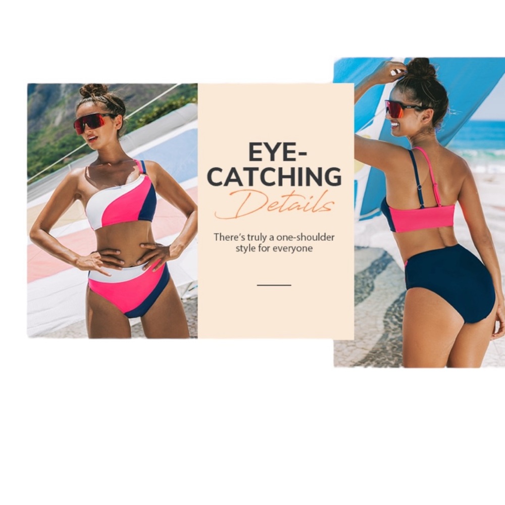 CUPSHE Colorblock One-Shoulder Bikini & High Waist bottoms NWT Medium - Picture 6 of 10